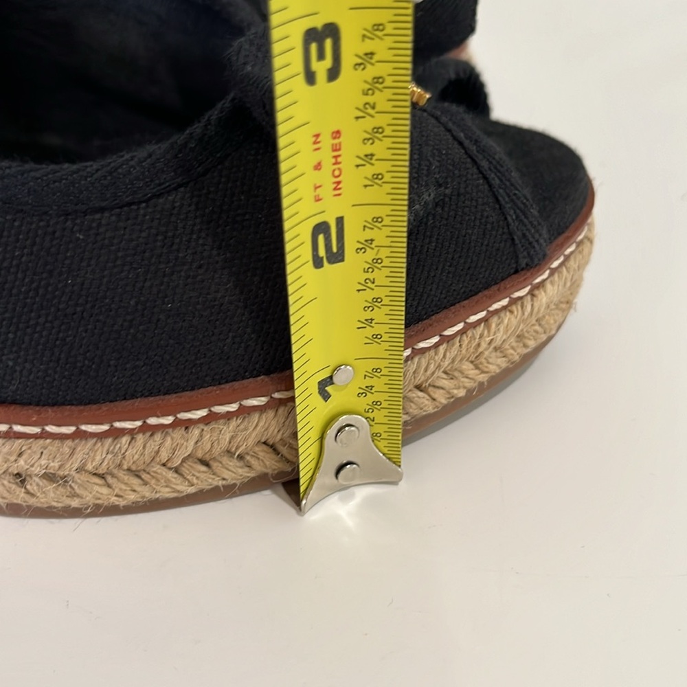 Tory Burch Black Canvas Wedge Espadrille Peep-Toe Pumps with Logo Bow - Picture 10 of 12